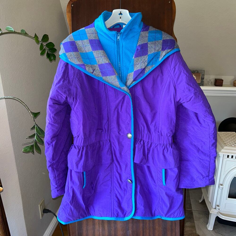 Vintage 80s Andy Johns Women's Puffy SKI Jacket Coat XL Color Block Neon